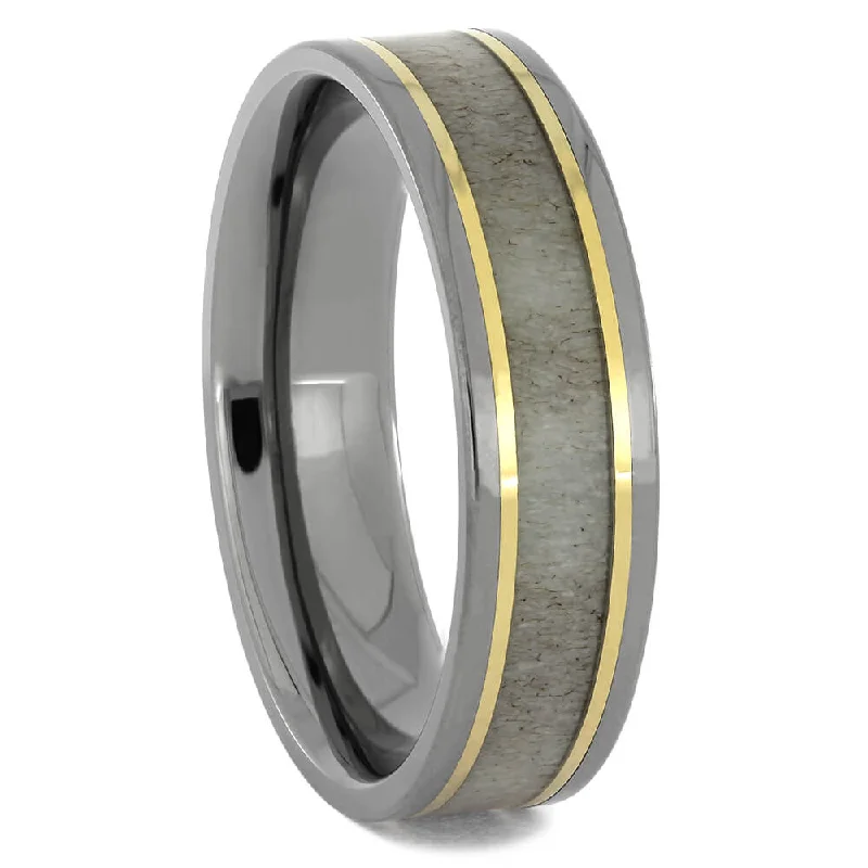 Deer Antler Wedding Band with Two Yellow Gold Pinstripes