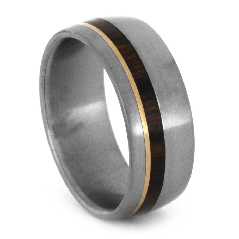 Matte Titanium Ring with Wood and Rose Gold Pinstripes