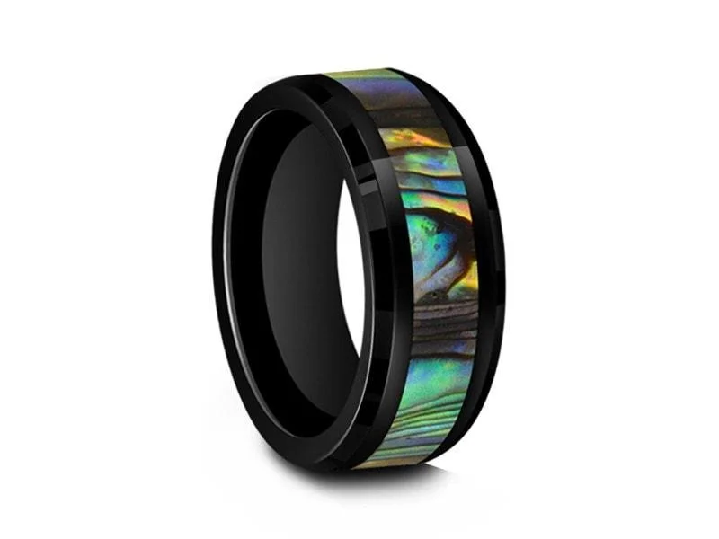 8MM BLACK CERAMIC WEDDING BAND BEVELED AND ABALONE SHELL INLAY