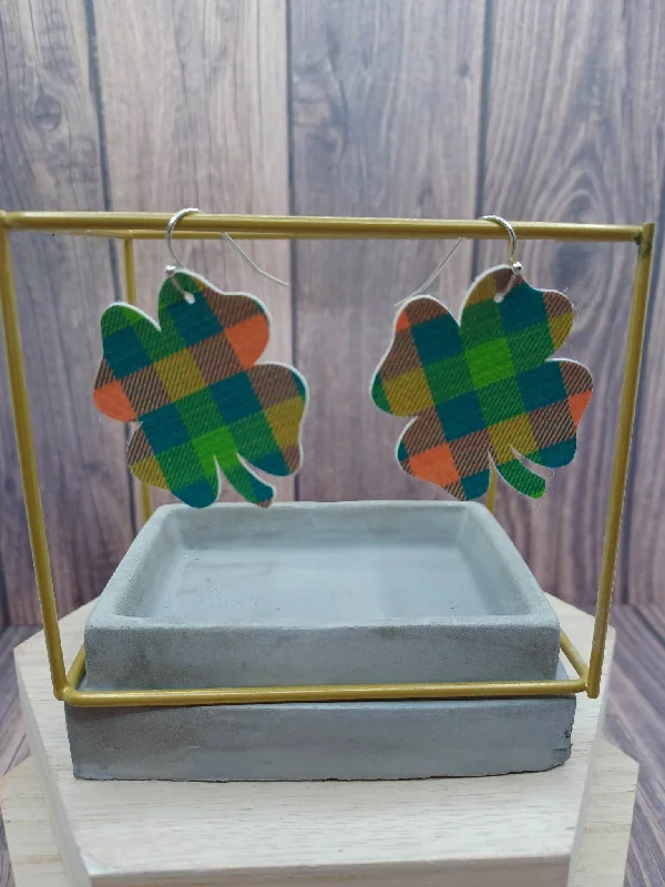 Green & Orange Plaid Shamrock Shaped Earrings