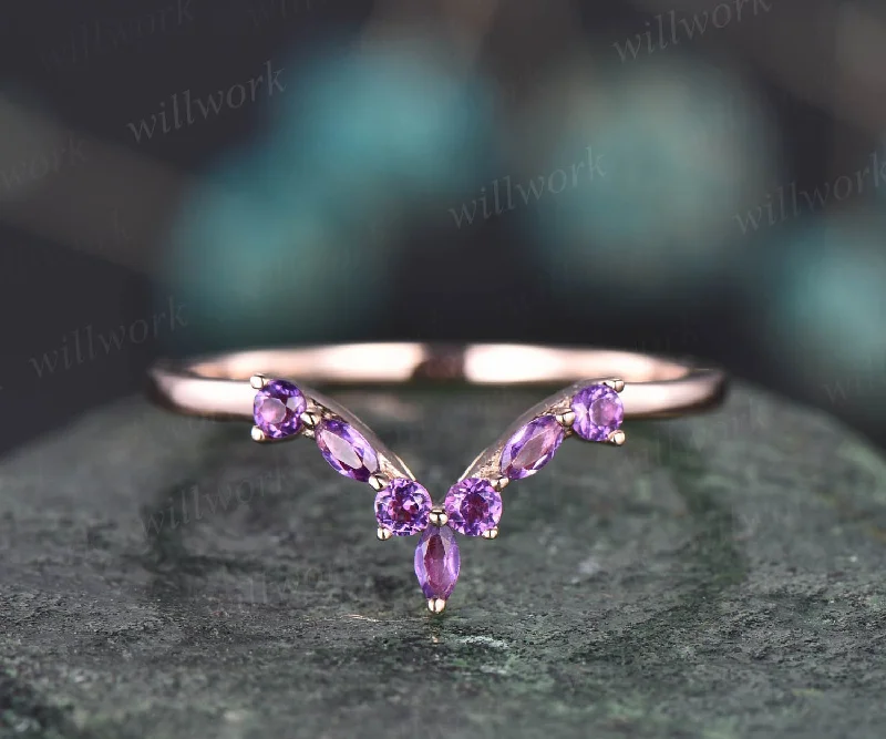 Curved V shaped wedding band marquise amethyst wedding ring unique amethyst wedding band solid 14k rose gold ring anniversary ring gift