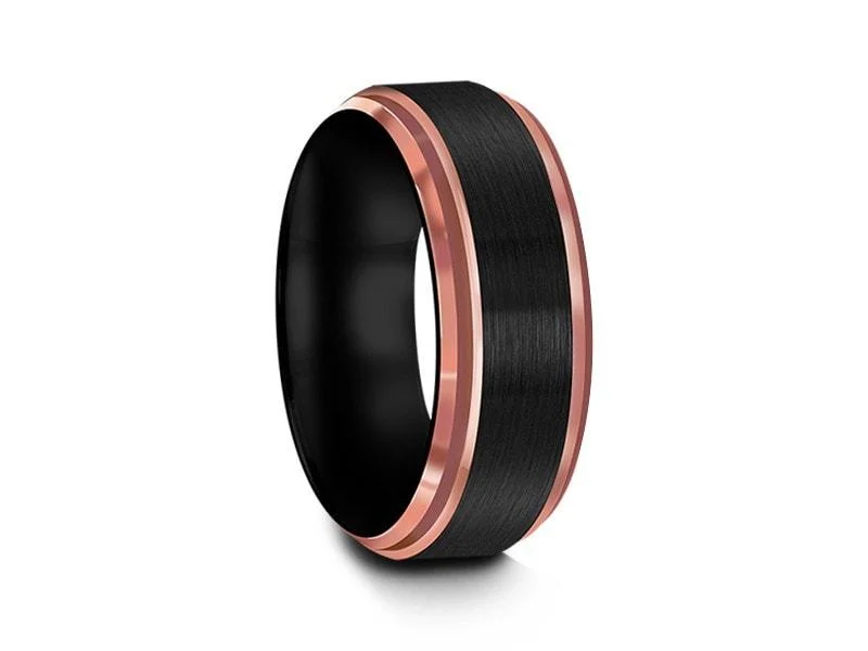 8MM Brushed BLACK Tungsten Wedding Band Rose Gold Edges AND BLACK INTERIOR