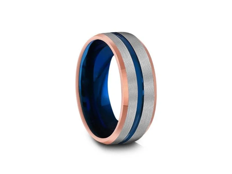 8MM BRUSHED GRAY Tungsten Wedding Band ROSE GOLD EDGES AND BLUE INTERIOR