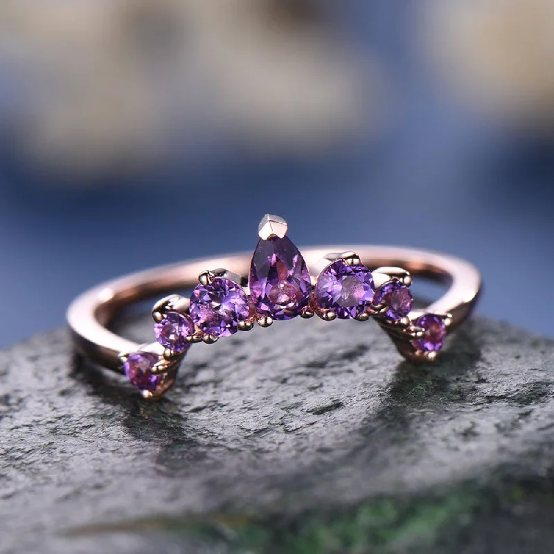 Natural amethyst wedding ring band 14k rose gold unique half eternity vintage petite curved crown matching promise engagement bridal ring