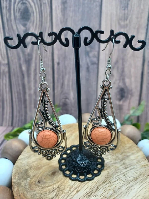 Silver Filigree Earrings w/ Orange Crackle Stone Detail