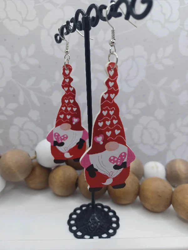 Red Gnome Holding a Pink Heart Earrings