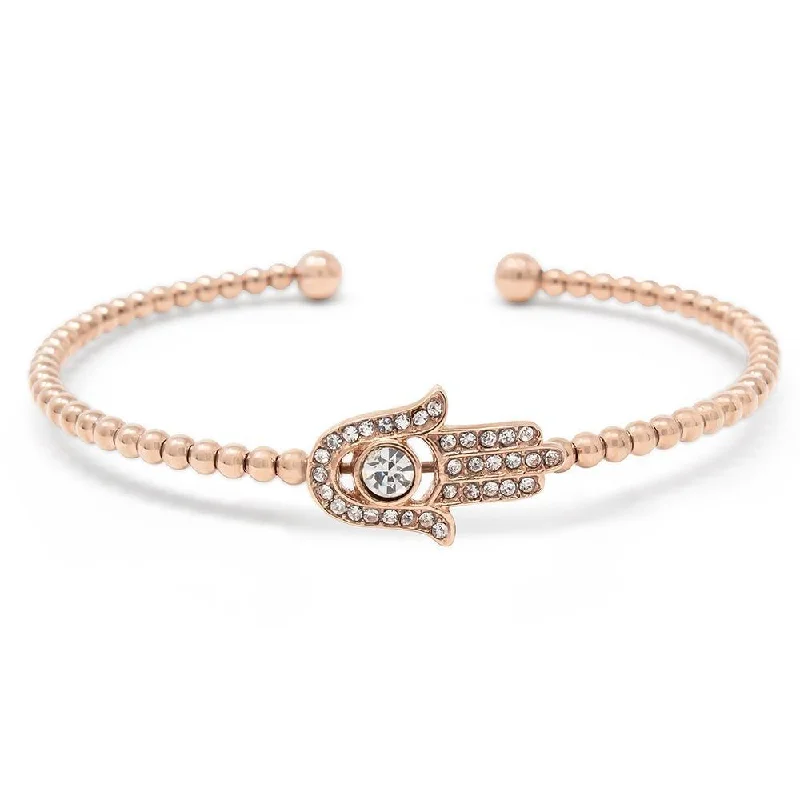 Stainless Steel Pave Hamsa Hand Beaded Bangle Rose Gold Plated