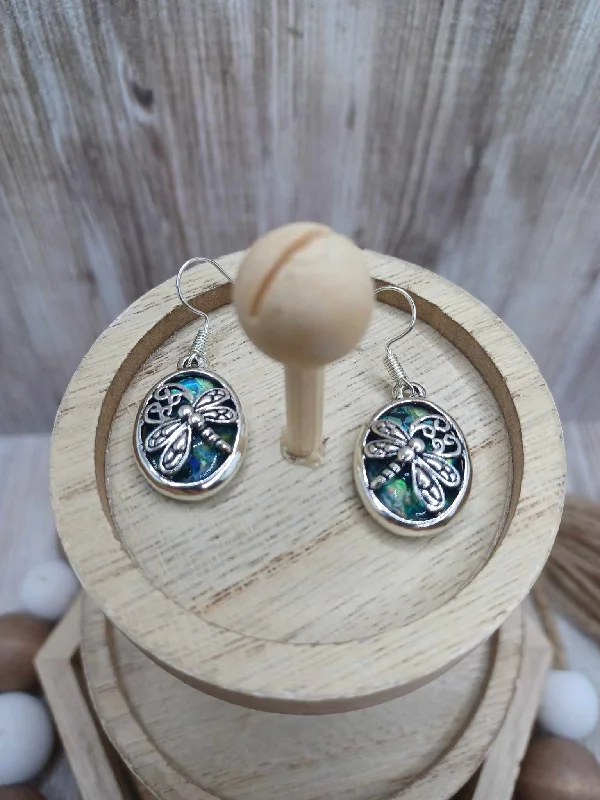 Blue & Green Oil Spill Dragonfly Style Earrings