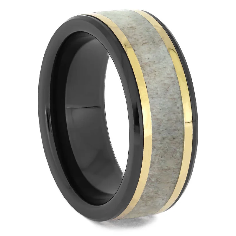 Black Ceramic Ring With Antler Inlay & Yellow Gold Pinstripes