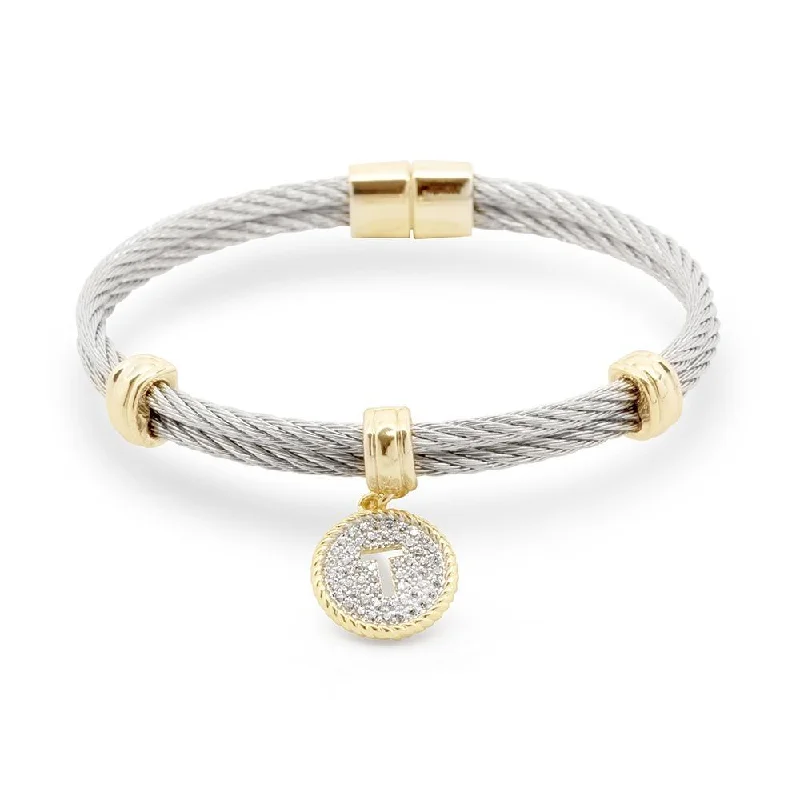 Stainless Steel Two Tone Wire Bangle CZ -T