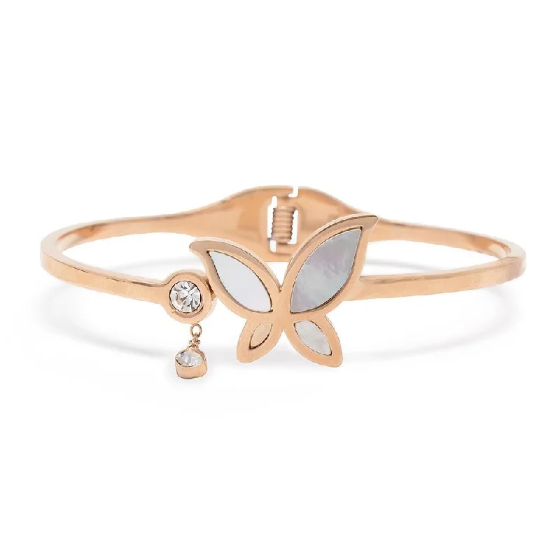 Stainless Steel Bangle MOP Butterfly CZ Rose Gold Plated