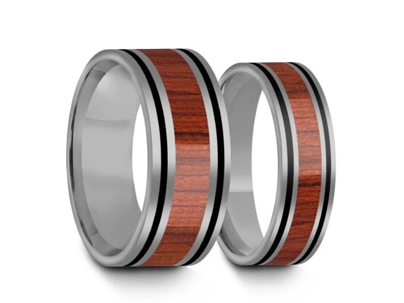 6MM/8MM HAWAIIAN KOA WOOD Tungsten Wedding Band Set FLAT AND GRAY INTERIOR