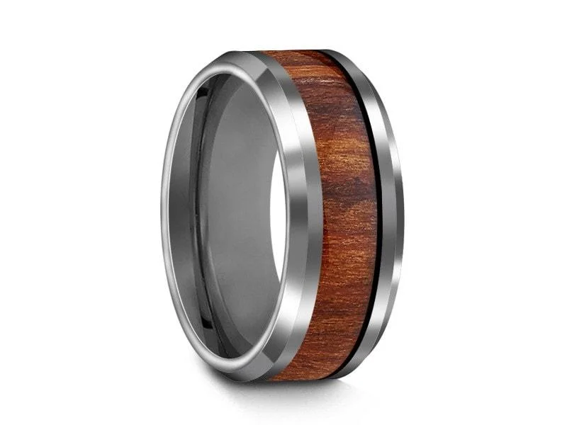 8MM HAWAIIAN Koa Wood Tungsten Wedding Band BEVELED AND GRAY INTERIOR