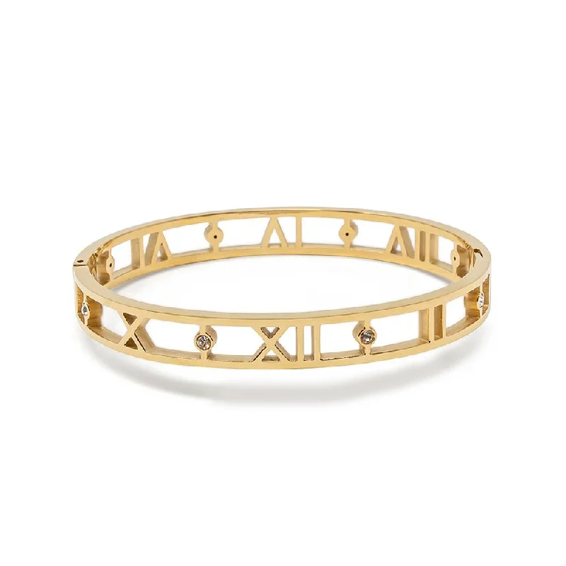 Stainless Steel Bangle Roman Numeral CZ Gold Plated