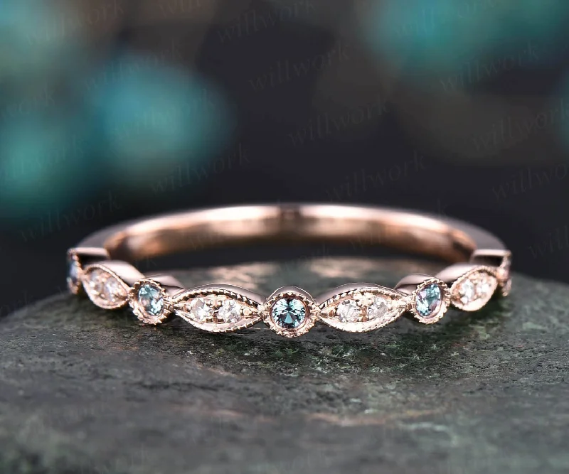 Alexandrite wedding band half eternity bezel milgrain diamond wedding ring band women 14k rose gold vintage art deco anniversary ring gifts