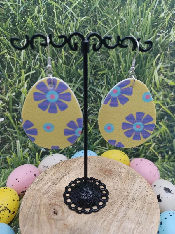 Yellow Easter Egg Earrings w/ Purple Flowers