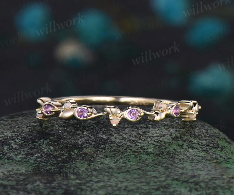 Amethyst ring yellow gold opal ring vintage wedding band women antique anniversary ring gift February birthstone ring