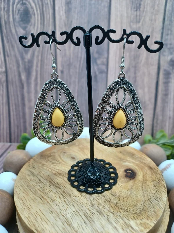 Silver Rounded Teardrop Earrings w/ Yellow Center Stone