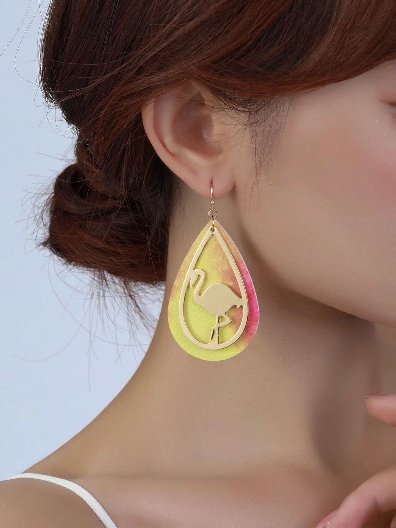 Gold & Ombre Leather Style Earrings w/ Flamingo Design