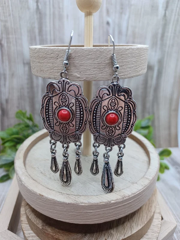 Silver Design Earrings w/ Centered Red Stone