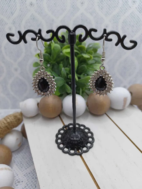 Silver Teardrop Style Earrings w/ White & Black Rhinestones