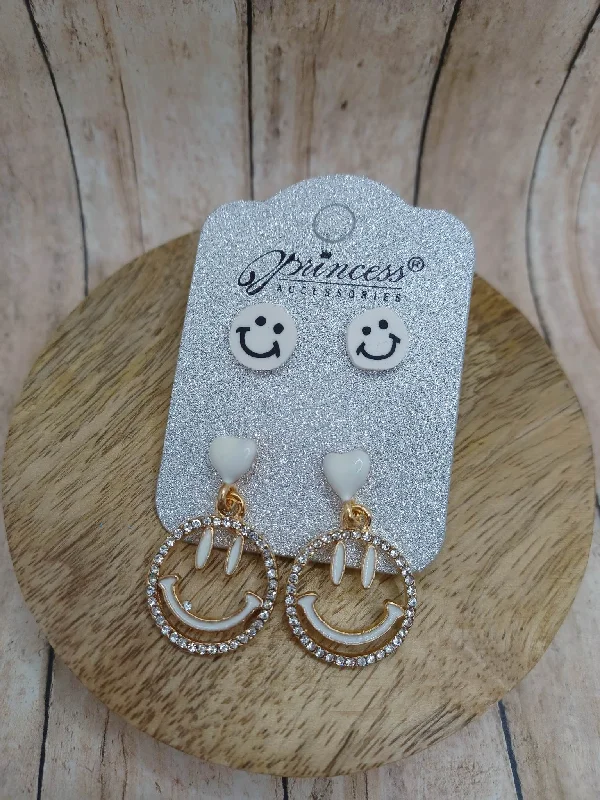 White Happy Face Earring Set