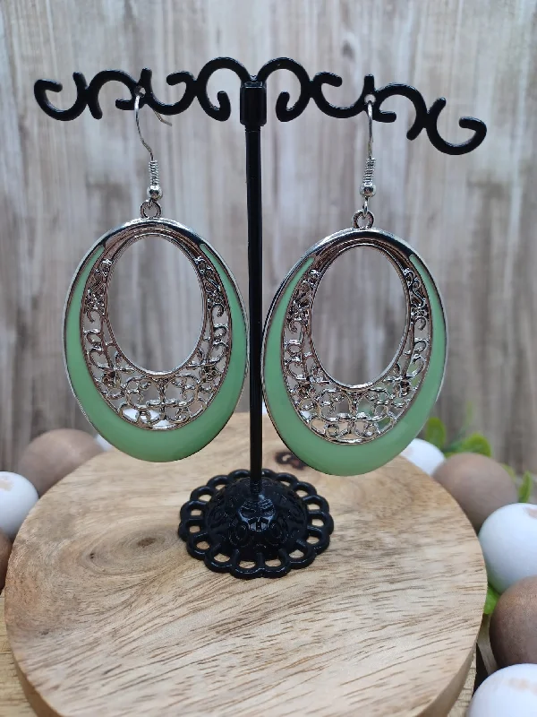 Teal Oval Earrings w/ Filigree Design