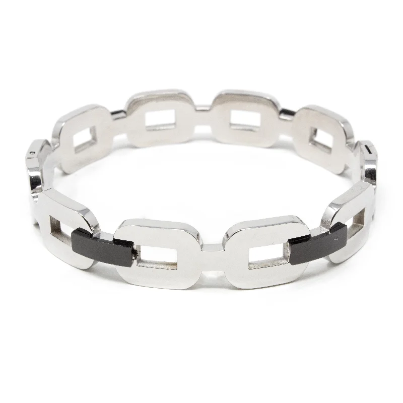 Stainless Steel Bangle SQ Links Onyx Rhodium Plated