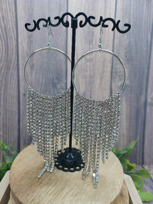 Silver Rhinestone Tassel Earrings