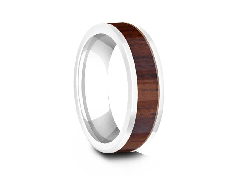 6MM White Ceramic WEDDING BAND FLAT AND HAWAIIAN KOA WOOD INLAY