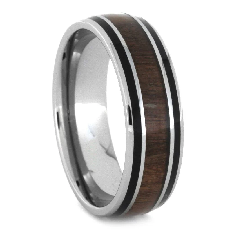 Men's Wedding Band With Wood Black Pinstripes