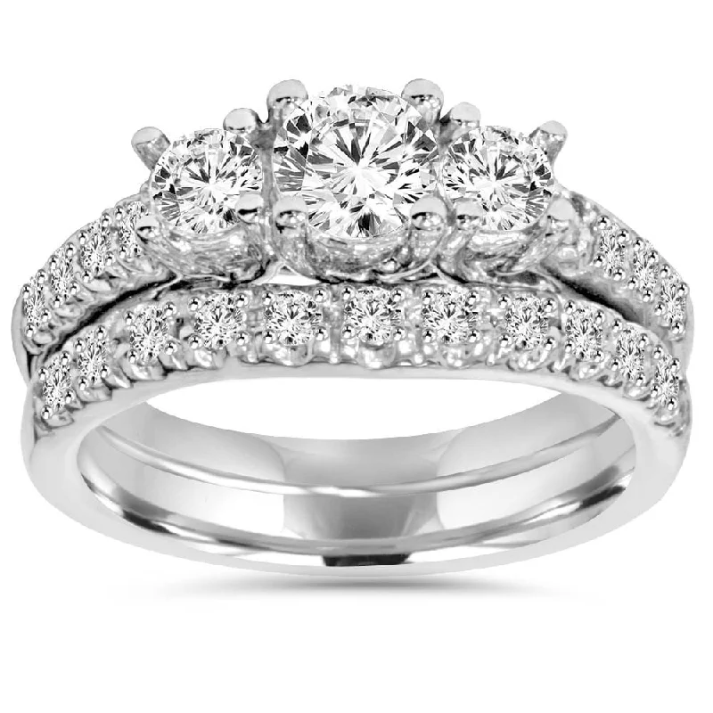 1 5/8ct Diamond Engagement 3-Stone Ring & Matching Wedding Band White Gold