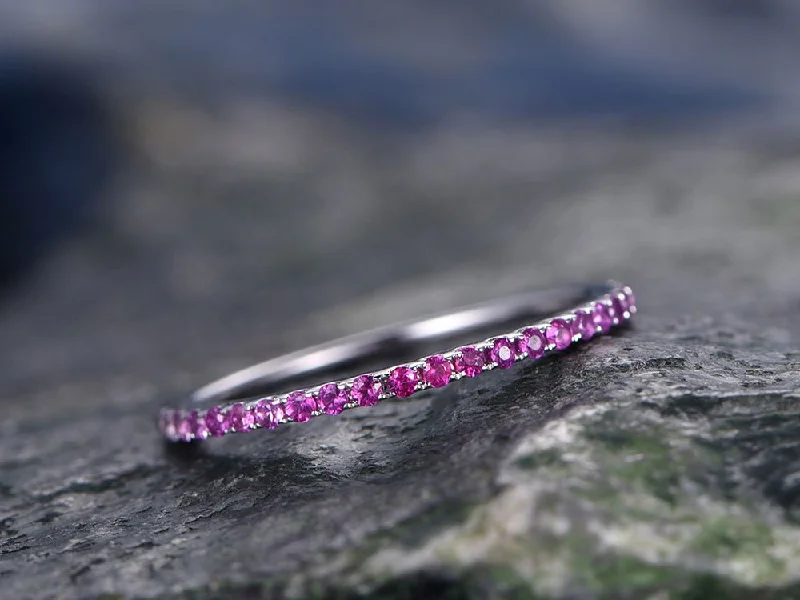 Pink Sapphire wedding ring-solid 14k white gold-handmade petite ring-half eternity- 1.2mm Matching band-tiny stones promise ring-best gift