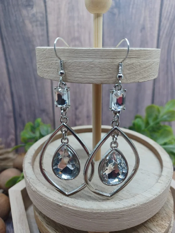 Silver Dangle Rhinestone Teardrop Earrings