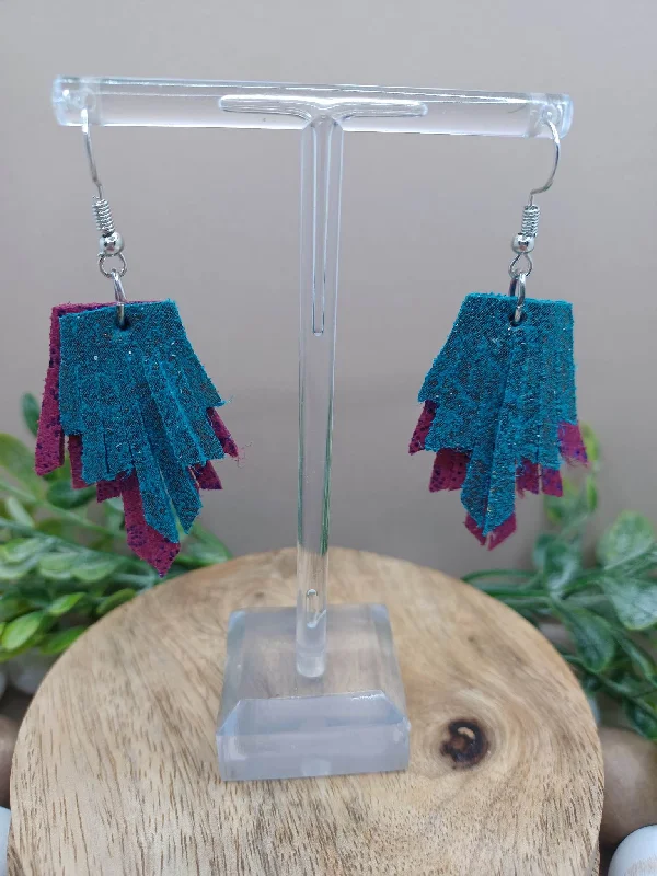 Double Layered Deep Teal & Purple Leather Style Earrings