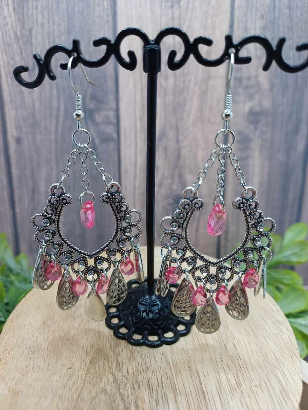 Silver Drop Earrings w/ Pink Beading & White Rhinestone Accents