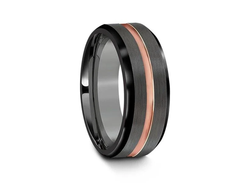 8MM Brushed GRAY Tungsten Wedding Band ROSE GOLD CENTER AND GRAY INTERIOR