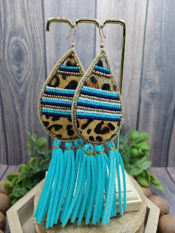 Leopard Print Tassel Earrings w/ Teal & White Accents