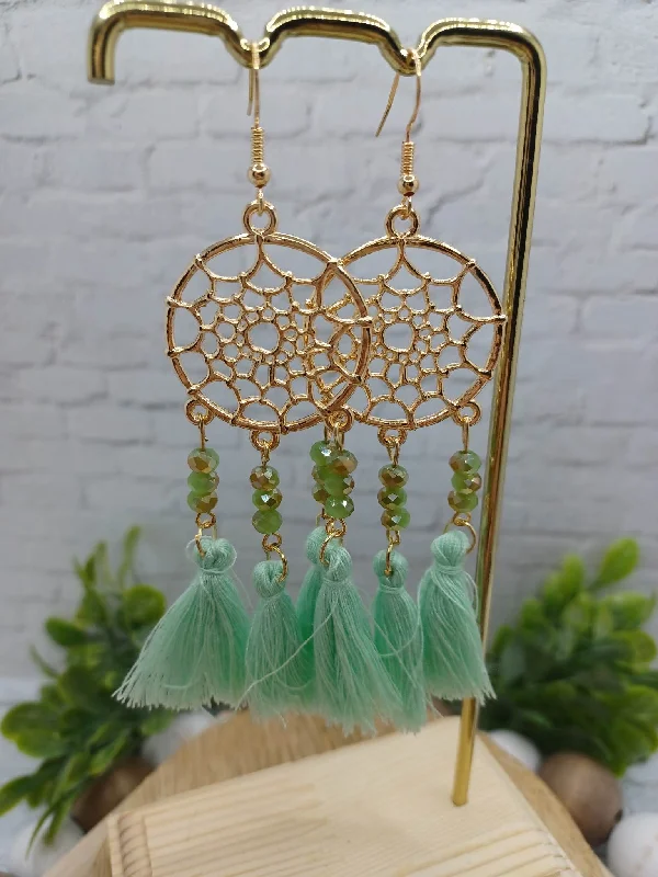 Mint Dreamcatcher Beaded & Tassel Earrings