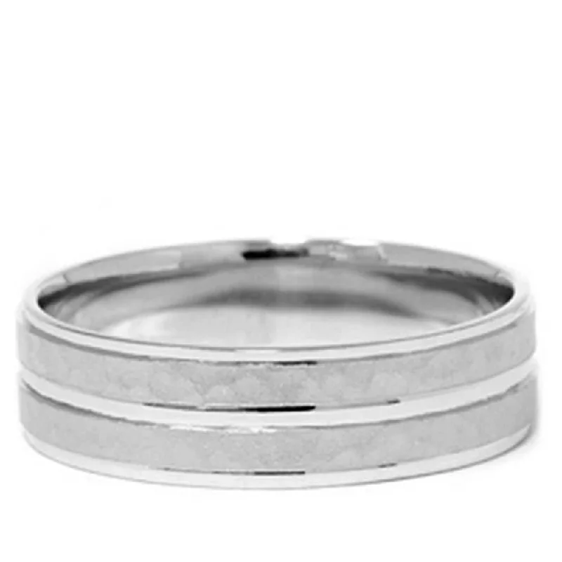 Mens 14K White Gold Hammered Comfort Wedding Band Ring