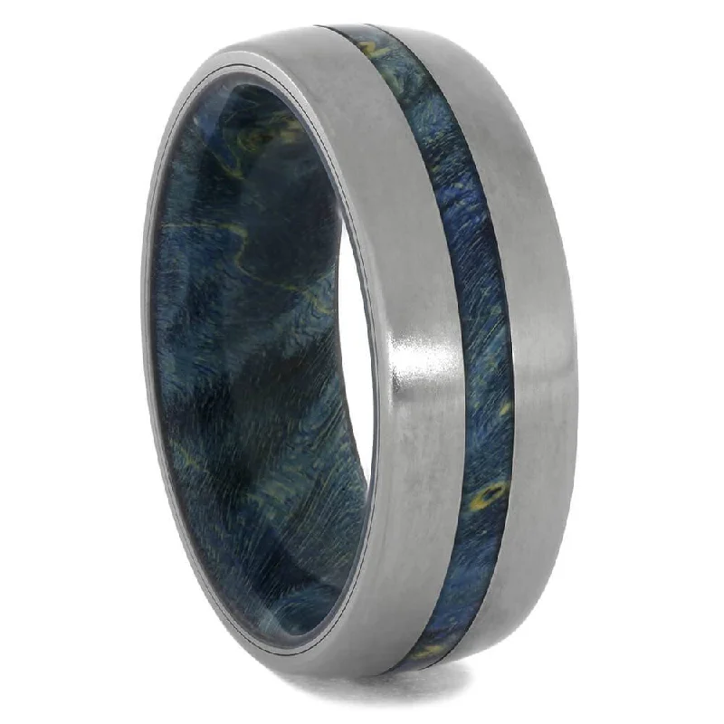 Blue Box Elder Burl Wood Wedding Band with Titanium Edges