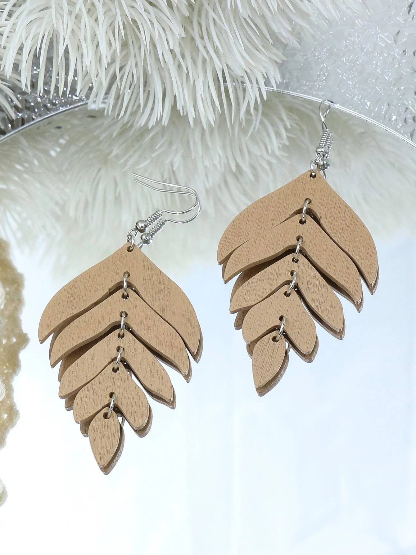 Tan Wooden Drop Style Leaf Earrings