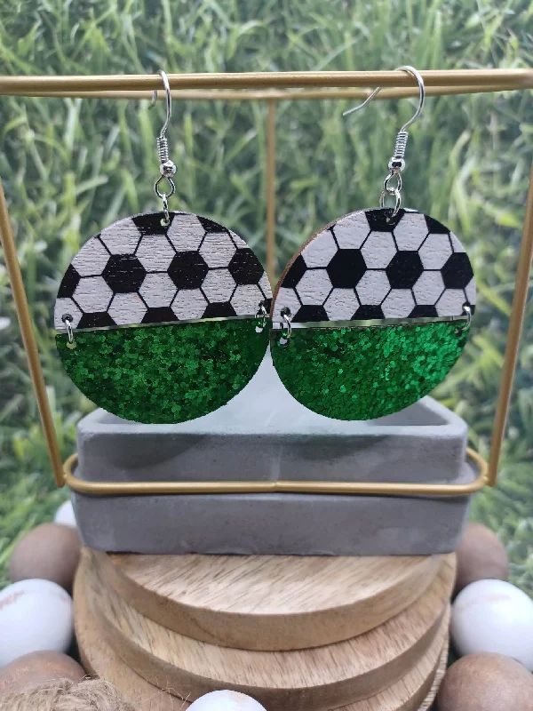 Wooden Soccer & Green Glitter Hinged Earrings