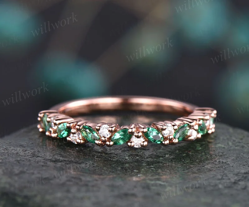 Marquise emerald ring for women vintage solid 14k rose gold ring dainty jewelry moissanite wedding ring emerald wedding band bridal ring