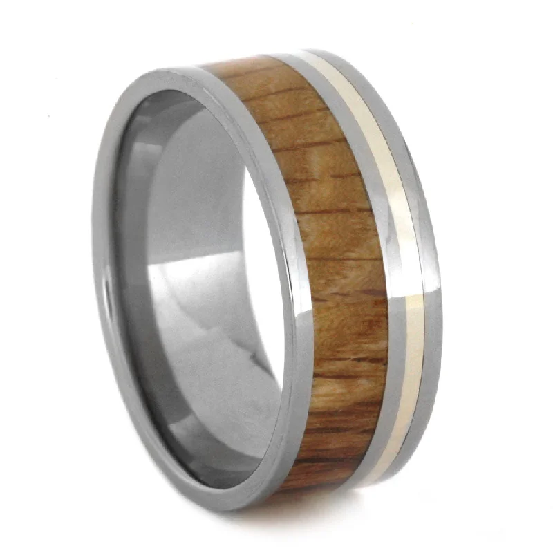 Oak Wood Men's Ring in Titanium Band with White Gold Pinstripe