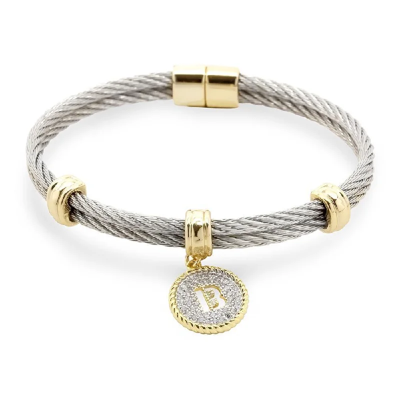 Stainless Steel Two Tone Wire Bangle CZ -B