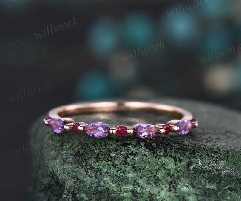 Natural red ruby Marquise cut amethyst wedding band solid 14k rose gold dainty stacking matching anniversary ring women gift