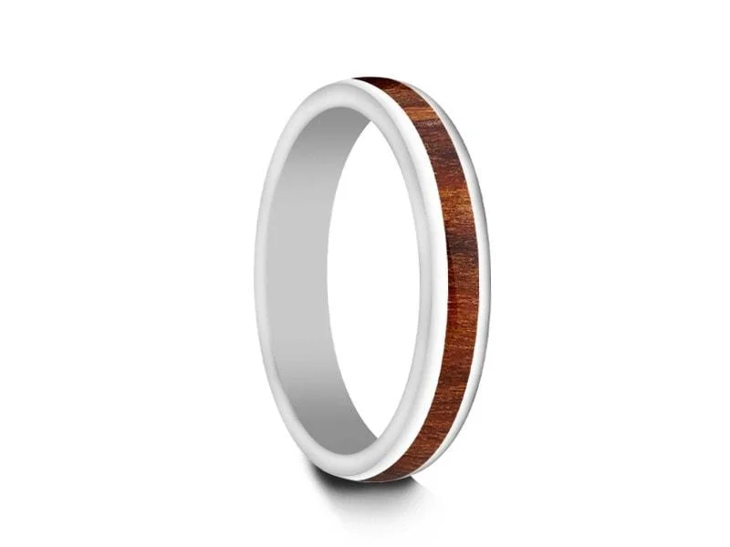 4MM WHITE CERAMIC WEDDING BAND DOME AND HAWAIIAN KOA WOOD INLAY