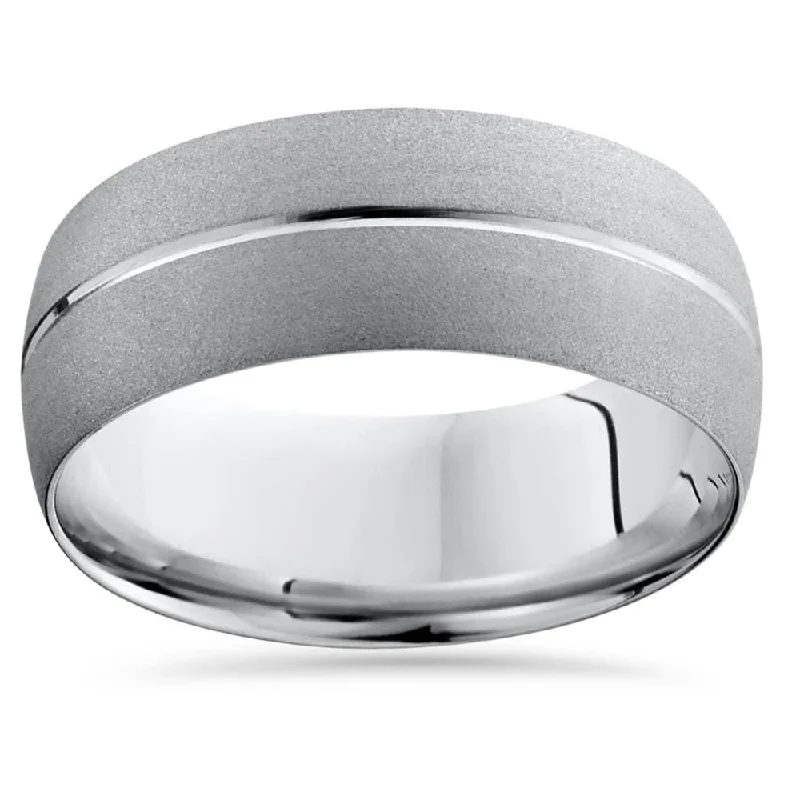 14K White Gold Mens Brushed Single Groove Wedding Band 8mm