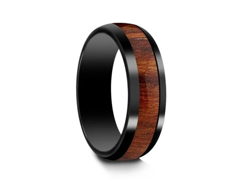 6MM BLACK CERAMIC WEDDING BAND DOME AND HAWAIIAN KOA WOOD INLAY